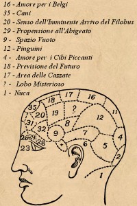La Mappa Frenologica elaborata dal dottor Elmo Zeppolonnen (1801-1994; sì, sono 193 anni, perchè?) dell'Università di Uppsala: come potete notare, è del tutto priva di senso.